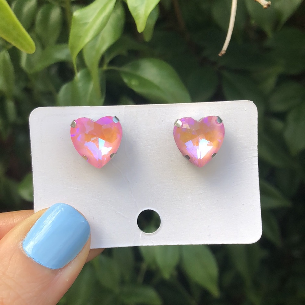 Pink AB Crystal Heart Earrings - Picture 6 of 6